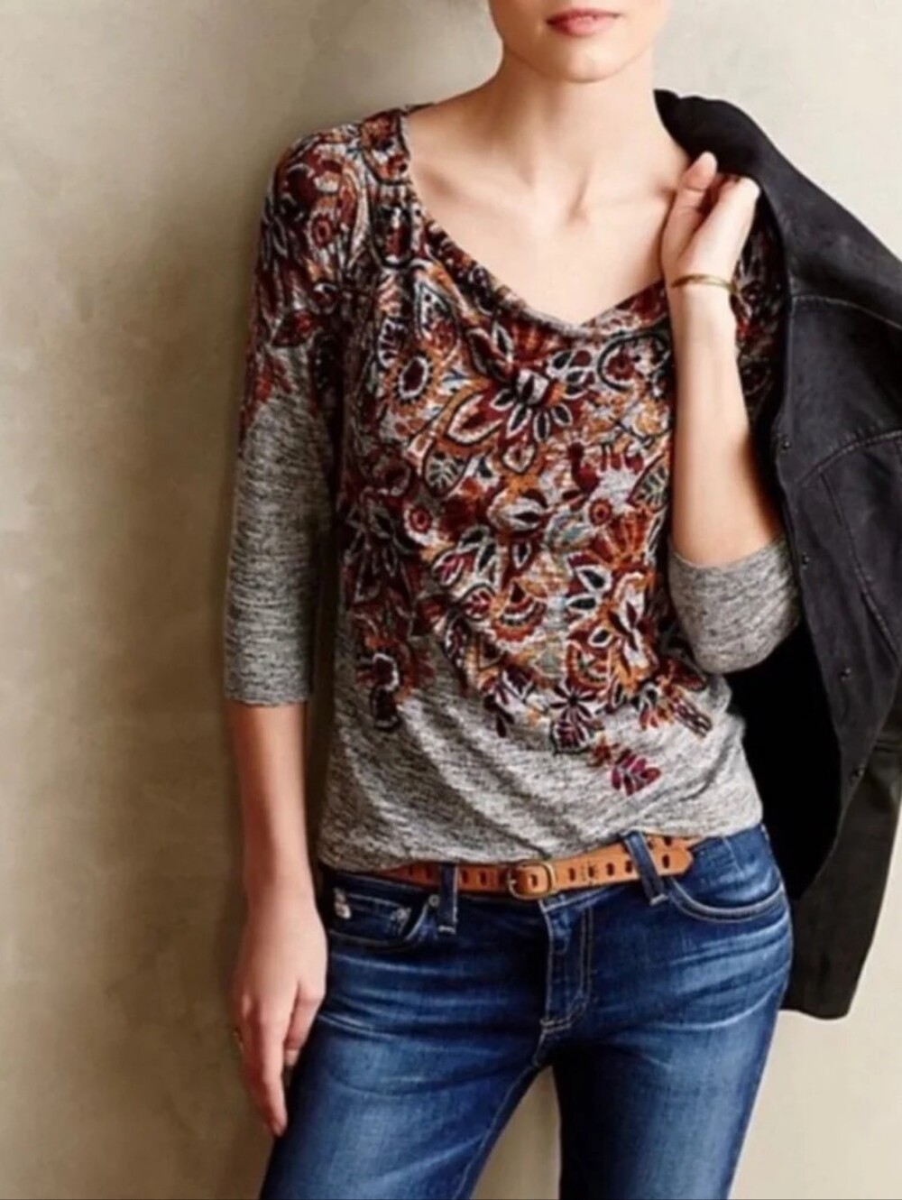 Anthropologie Postmark Jacaranda Floral Cowl Neck 3/4 Sleeve Top Size Small